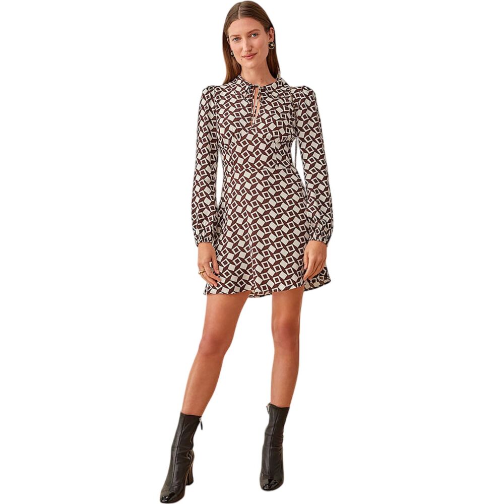 Reformation Will Mini Dress Tiles Brown Geometric Long Sleeve Tie Neck Sz 8